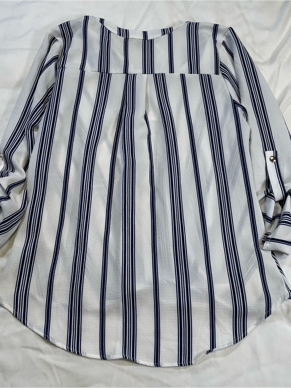 🌊 Always Indigo Coastal Chic Striped Faux Wrap Blouse Size Medium Quiet Luxury - Picture 5 of 11